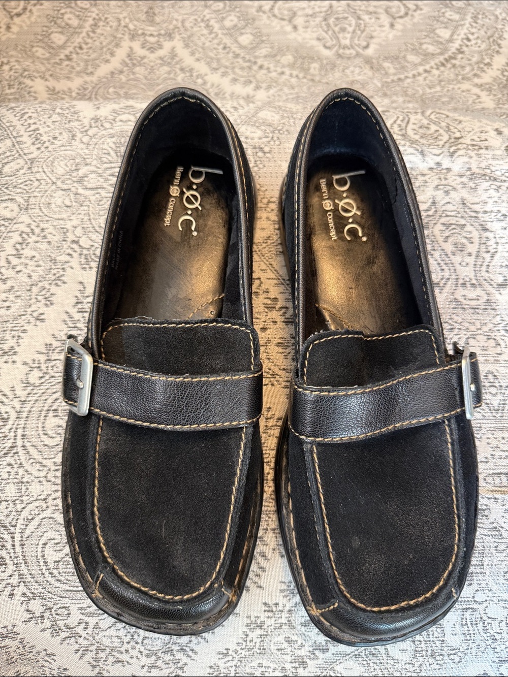b.o.c. Black Suede & Leather Slip-On Loafers with Silver Buckle - Size 9